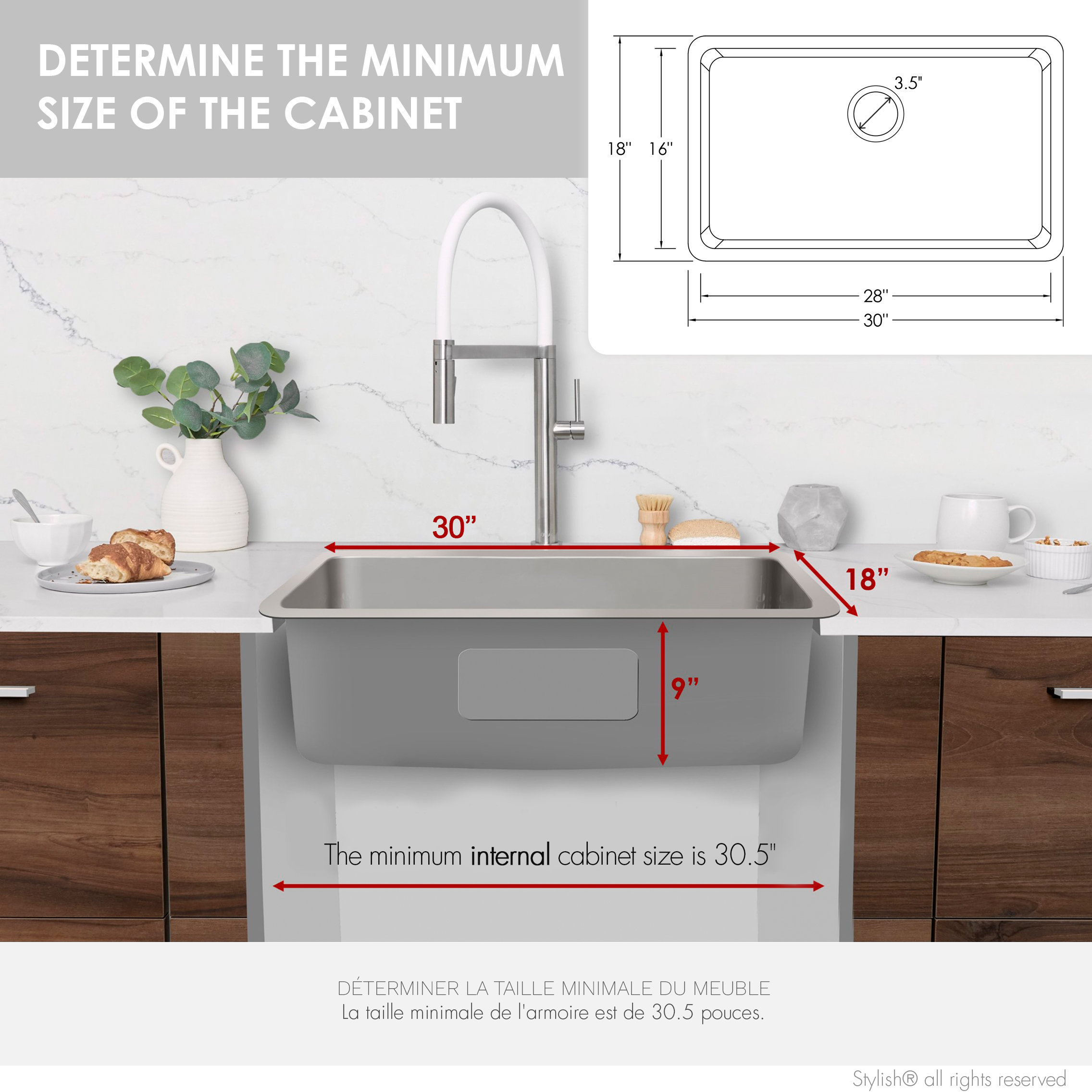 STYLISH 30 inch Single Bowl Dual Mount Stainless Steel 18 Gauge Kitchen Sink