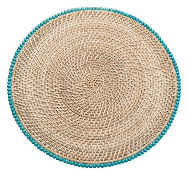 Round Rattan Placemats With Wood Beads, Set of 2 - Beach Style
