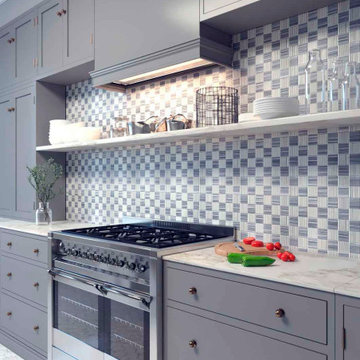 Transitional Gray Kitchen With Checkerboard Mosaic Tile Backsplash