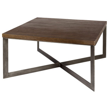 Faye Medium Brown Wood With Antique Nickel Metal Base Square Coffee Table