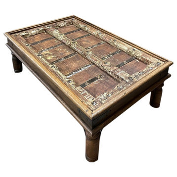 Handcarved Brown Reclaimed Wood Accent Table, Antique Rustic Table Eclectic