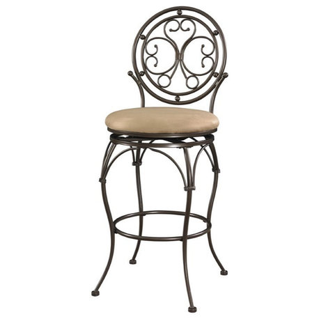 Linon Baila Big & Tall Metal Bar Stool Scroll Back Swivel Padded Seat in Bronze