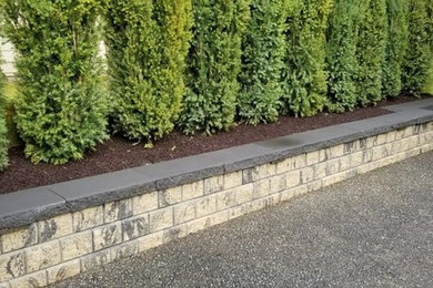 Inspiration for a modern drought-tolerant backyard stone retaining wall landscape in Seattle.