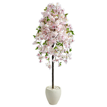 70" Cherry Blossom Artificial Tree, White Planter