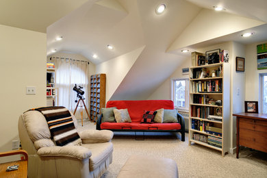 Inspiration for a mid-sized timeless open concept carpeted family room remodel in Philadelphia with white walls
