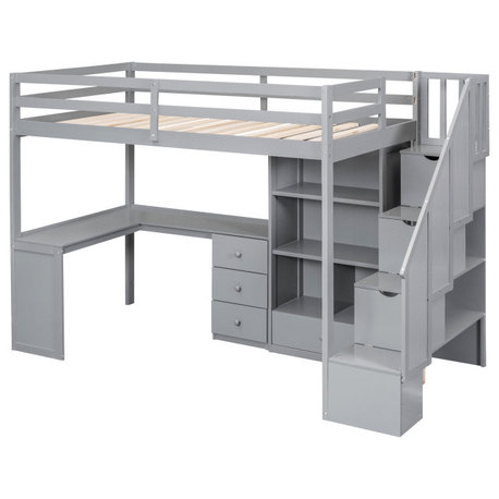 TATEUS Twin Size Loft Bed with L-Shaped Desk and Drawers, Gray
