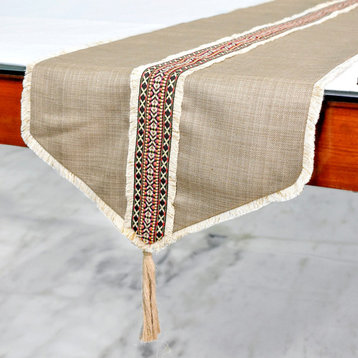 Table Runner Beige Linen & Jute 14"x48" Tribal, Moroccan, Lace & Tassel - Buchra