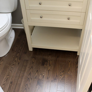 Gray Powder Room with White Vanity and Crystal Palace Quartz Countertop