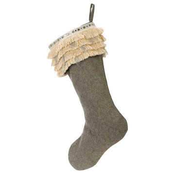 Handmade Wool Christmas Stocking, Fringe on Gray