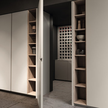 Matte White and Wood Kitchen Cabinets with Pantry Black Metal Frame Glass Doors