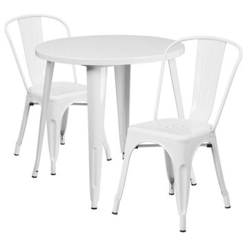 30" Round White Metal Indoor-Outdoor Table Set With 2 Cafe Chairs