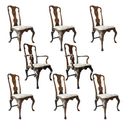 Set of Eight English Queen Anne Style Burled Walnut Dining Chairs - Dining Chairs