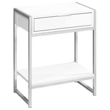 Accent Table, Lamp, Storage Drawer, Metal, Laminate, Glossy White, Chrome