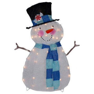32" Lighted White and Blue Chenille Snowman Outdoor Christmas Decoration