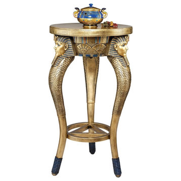 Unique End Table, Egyptian King Design With Curved Tripod Legs & Round Top, Gold