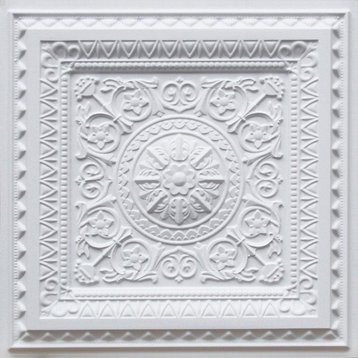 24"x24" D223 PVC Faux Tin Glue-up Ceiling Tiles Made of PVC, Set of 6, White Matte