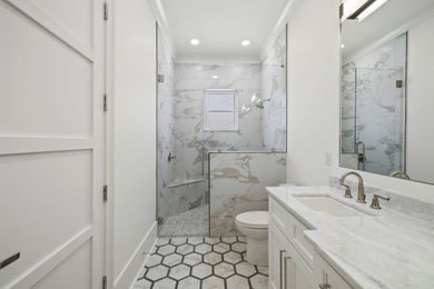 Bathroom with 24x48 tile and deco hexagons