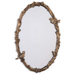 Uttermost - Paza Oval Mirror With Bird And Vine Detail Frame - This Frame Features A Bird And Vine Design. The Finish Is Distressed Antiqued Gold Leaf With A Gray Glaze.