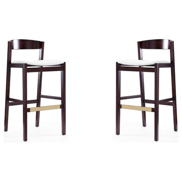 Set of 2 Retro Bar Stool, Padded Seat With Golden Footrest & Curved Back, Ivory