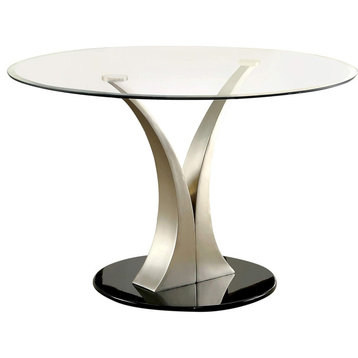Elegant Dining Table, Metal Base With Round Tempered Glass Top, Silver/Black