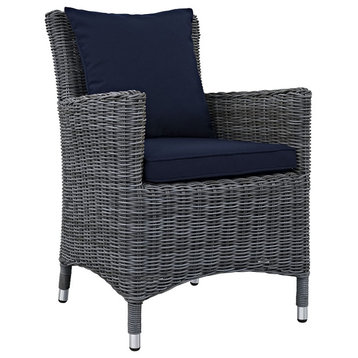 Outdoor Dining Armchair, Wicker Frame and Sunbrella Fabric Cushioned Seat, Navy