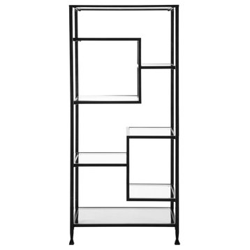 Modern Bookcase, Asymmetrical Design With Metal Frame & 7 Glass Shelves, Black