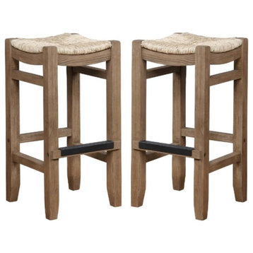 Home Square 30H Wood Bar Stool with Rush Seat in Brown - Set of 2