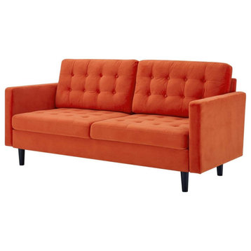 Mid Century Modern Sofa, Cushioned Seat and Back With Button Tufting, Orange