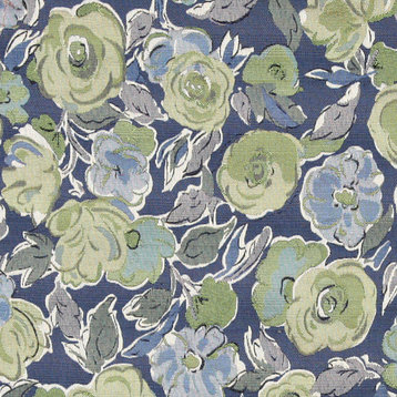 Blue, Green and White, Flower Pattern Contemporary Upholstery Fabric By The Yard