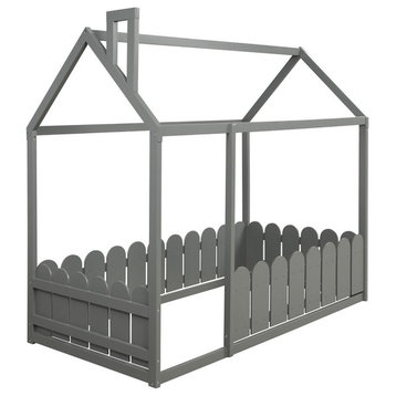 Twin Size Kids Bed, Unique House Shaped Pine Wood Frame With Fence, Gray