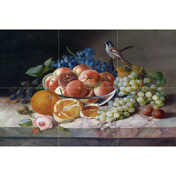 Tile Mural Still Life Bird Fruit Blackberry Peach Orange Grapes, Ceramic Glossy