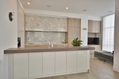 Minimalist u-shaped light wood floor and brown floor open concept kitchen photo in Toronto with an undermount sink, flat-panel cabinets, beige cabinets, gray backsplash, paneled appliances, a peninsula and gray countertops