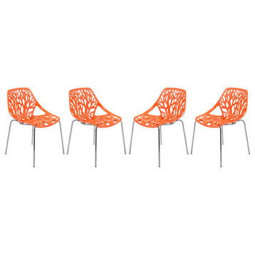 LeisureMod Asbury Plastic Dining Chair With Chromed Legs Set of 4, Orange