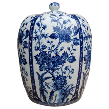 Cute Blue and White Floral Motif Porcelain Ginger Jar, 15"