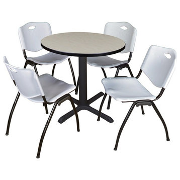 Cain 30" Round Breakroom Table, Maple and 4 'M' Stack Chairs, Gray