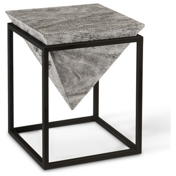 Inverted Pyramid Side Table, Gray Stone, Wood/Metal, Black, Small