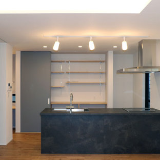 Modelo de cocina lineal con despensa, armarios con rebordes decorativos, puertas de armario grises, encimera de laminado, salpicadero verde, electrodomésticos negros, suelo de madera clara, península, suelo marrón, encimeras grises y papel pintado