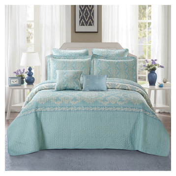 Mystic Quilted 7-Piece Bed Spread Set, Teal/Turquoise, King