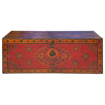 Chinese Tibetan Orange Red Yellow Flowers Graphic Wood Trunk Table Hcs7343
