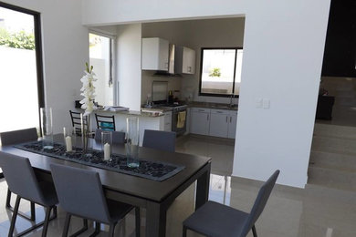 Example of a mid-sized minimalist porcelain tile kitchen/dining room combo design in Other with white walls and no fireplace