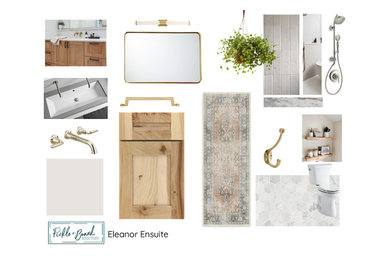 Inspiration for a mid-sized transitional master white tile and ceramic tile marble floor, gray floor, double-sink and shiplap ceiling toilet room remodel in Providence with shaker cabinets, light wood cabinets, white walls, a trough sink, quartz countertops, a hinged shower door, white countertops and a built-in vanity