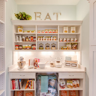 Inspiration pour une petite arrière-cuisine linéaire traditionnelle avec un placard sans porte, des portes de placard blanches et un sol en bois foncé.