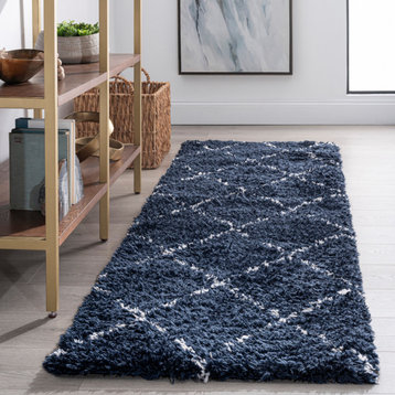 Harold Contemporary Diamond Area Rug, Navy/White, 2x8'