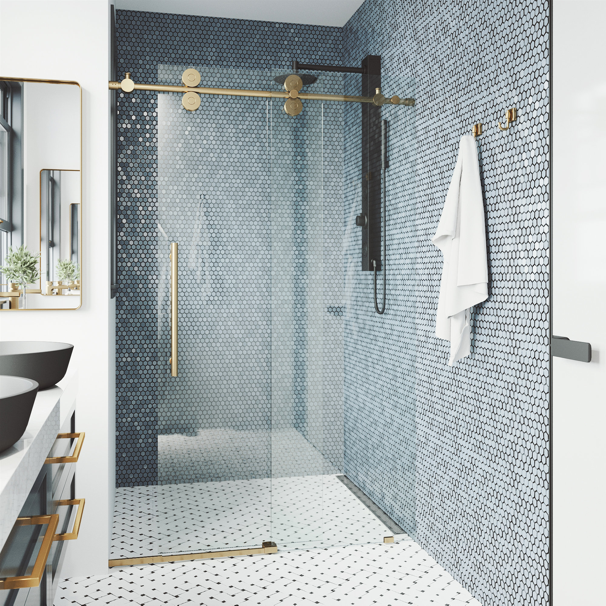 VIGO Elan 60" to 64" W x 74" H Frameless Sliding Shower Door, Matte Gold, Clear Glass