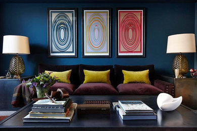 Inspiration for a contemporary living room in London with blue walls.