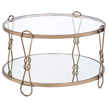 Modern Coffee Table, Metal Frame With Round Glass Top & Mirror Shelf, Champagne