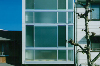 他の地域にある高級な中くらいなインダストリアルスタイルのおしゃれな家の外観 (ガラスサイディング、長方形) の写真