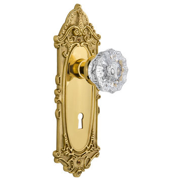 Victorian Plate With Keyhole Passage Crystal Glass Door Knob, Unlacquered Brass