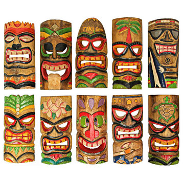 10 Piece Polynesian Party Hand Carved Island Style Wooden Tiki Masks 10 Inch