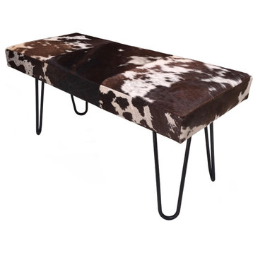Rustic Chic Bench RAKE Upholstered, Brown and White Cow Hide With Metal Legs